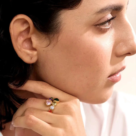 Diva Multicolor Crystal Heart 18K Gold Stainless Steel Waterproof Ring - Picture 10 of 17